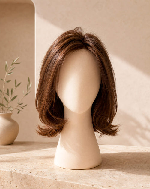 AURA, multi topper de cabello humano castaño claro, vista frontal