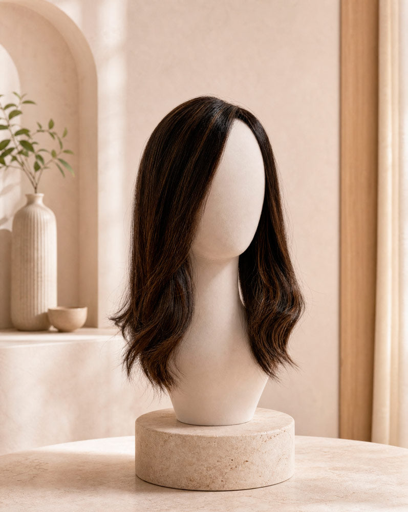 Aveline, peluca cabello natural castaño, vista lateral