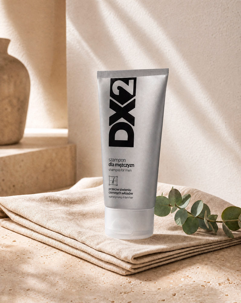 DX2 Shampoo Anti-Canas sobre lino con eucalipto, vista tres cuartos