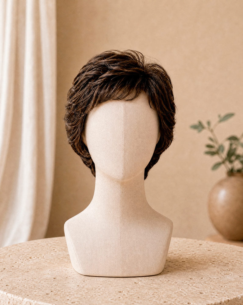 EASE, peluca corta lace front de fibra sintética castaño, vista frontal