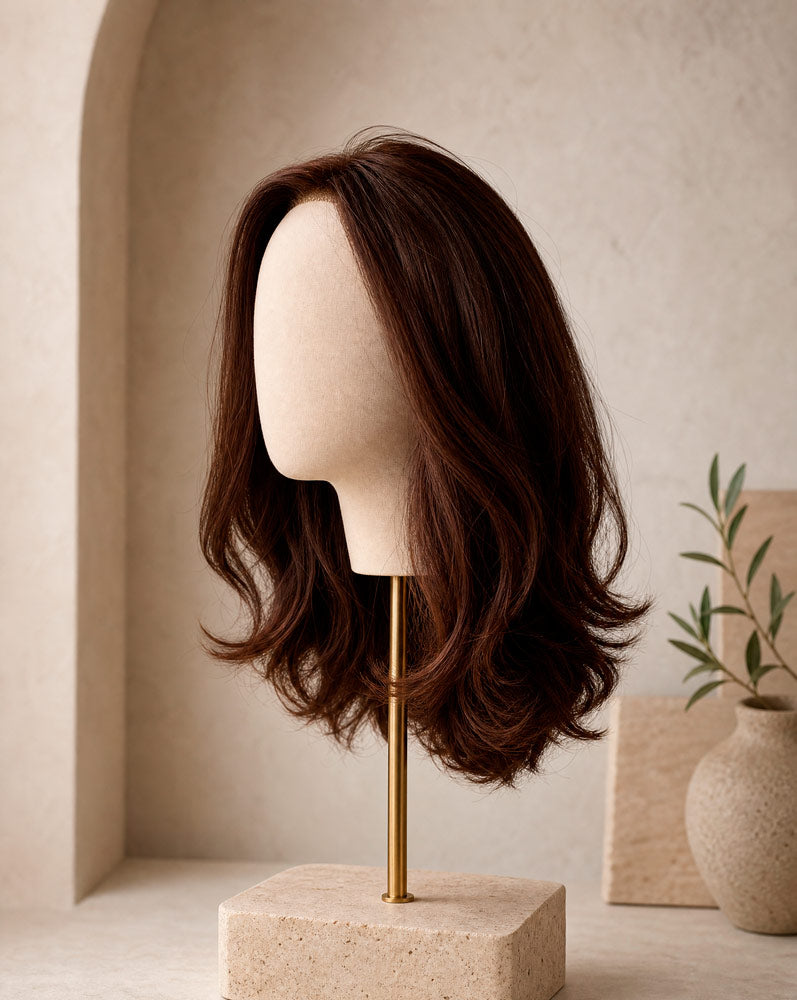ELAN, peluca de cabello humano castaño, vista lateral