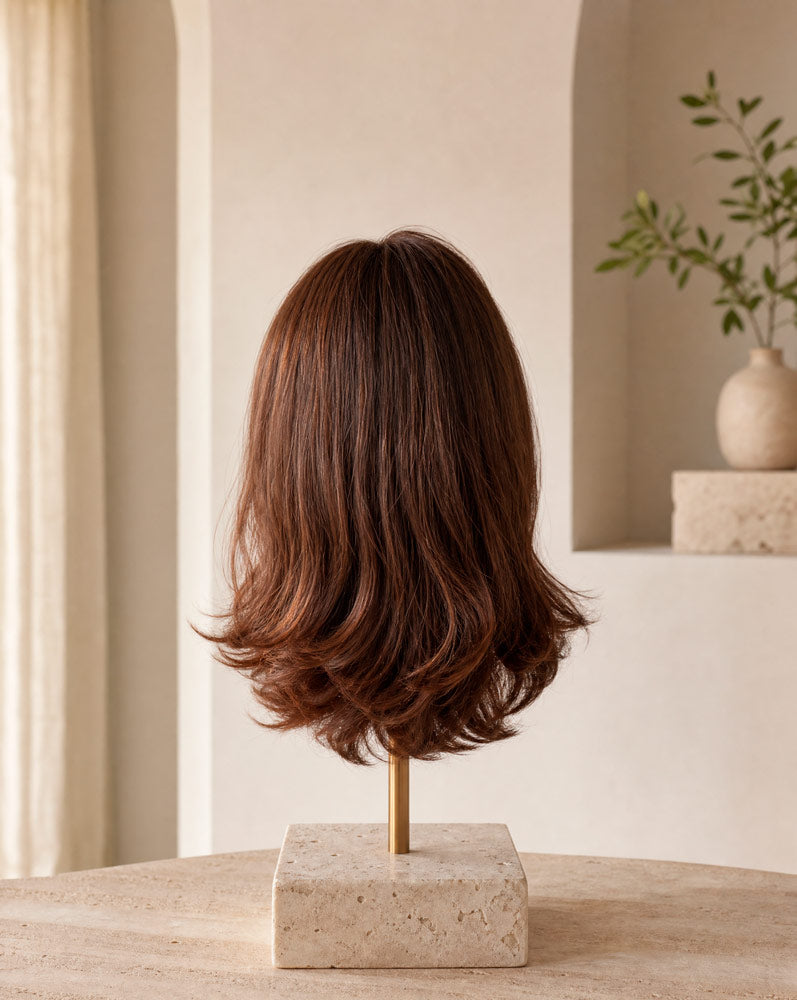 ELAN, peluca de cabello humano castaño, vista posterior