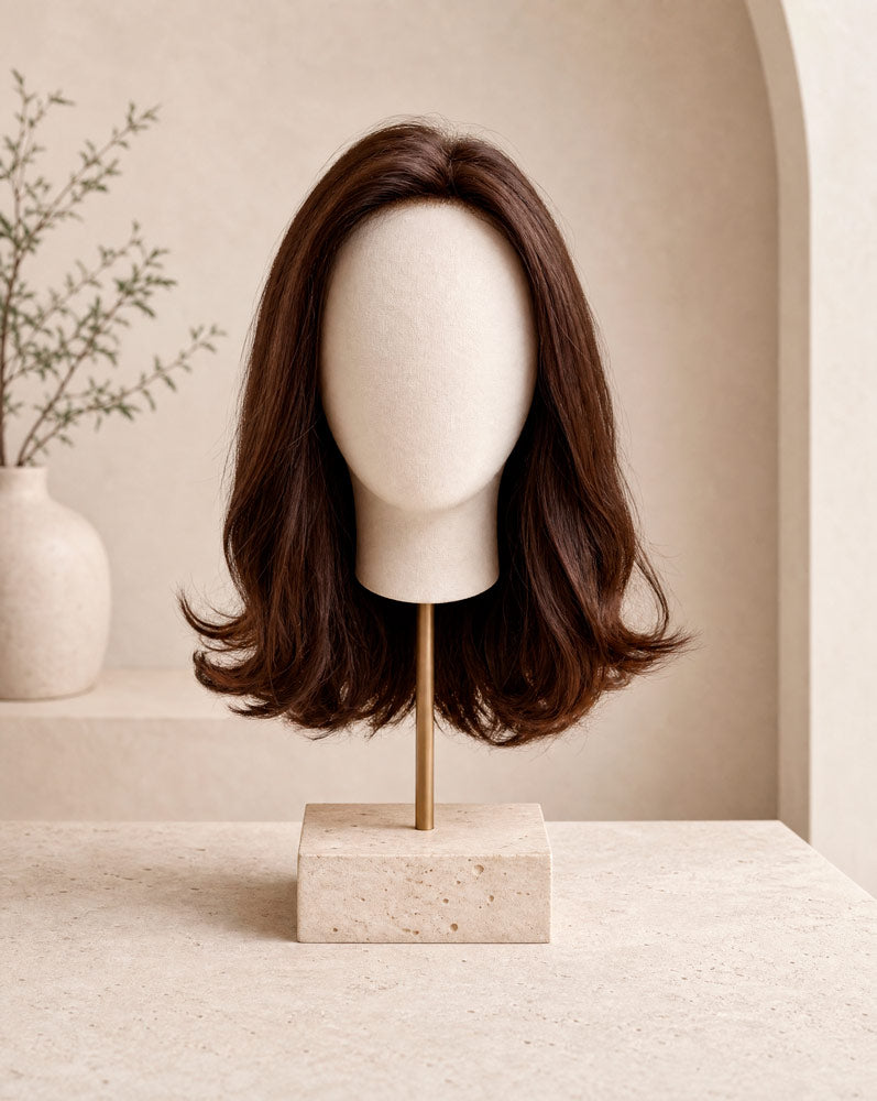 ELAN, peluca de cabello humano castaño, vista frontal