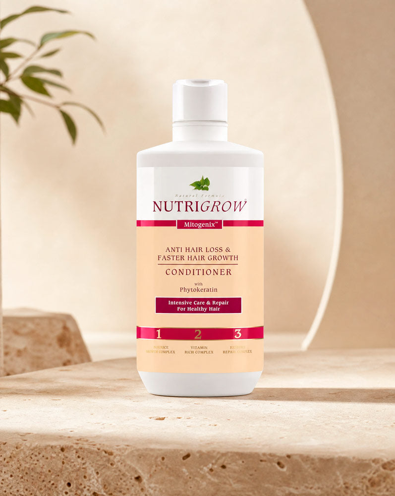 Nutrigrow Acondicionador Anticaída, botella de 300 ml sobre travertino, vista frontal