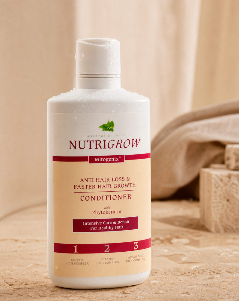 Detalle de la etiqueta del Nutrigrow Acondicionador Anticaída con gotas de agua