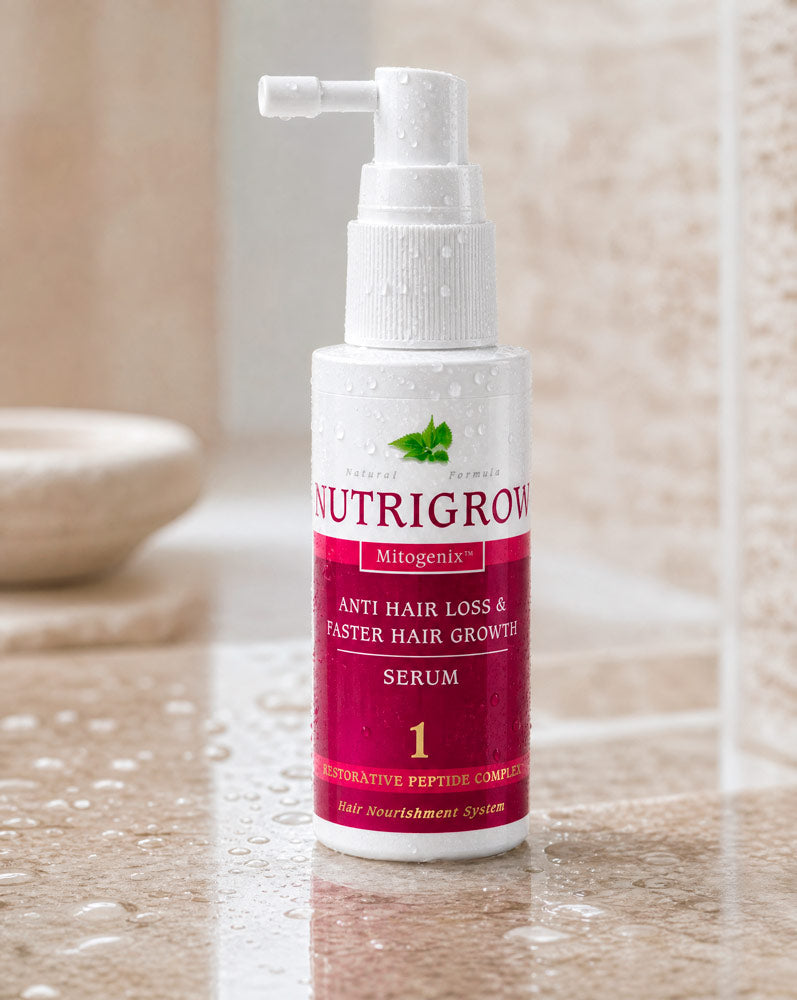 Detalle del Sérum Anticaída Nutrigrow paso 1 con gotas de agua y aplicador spray
