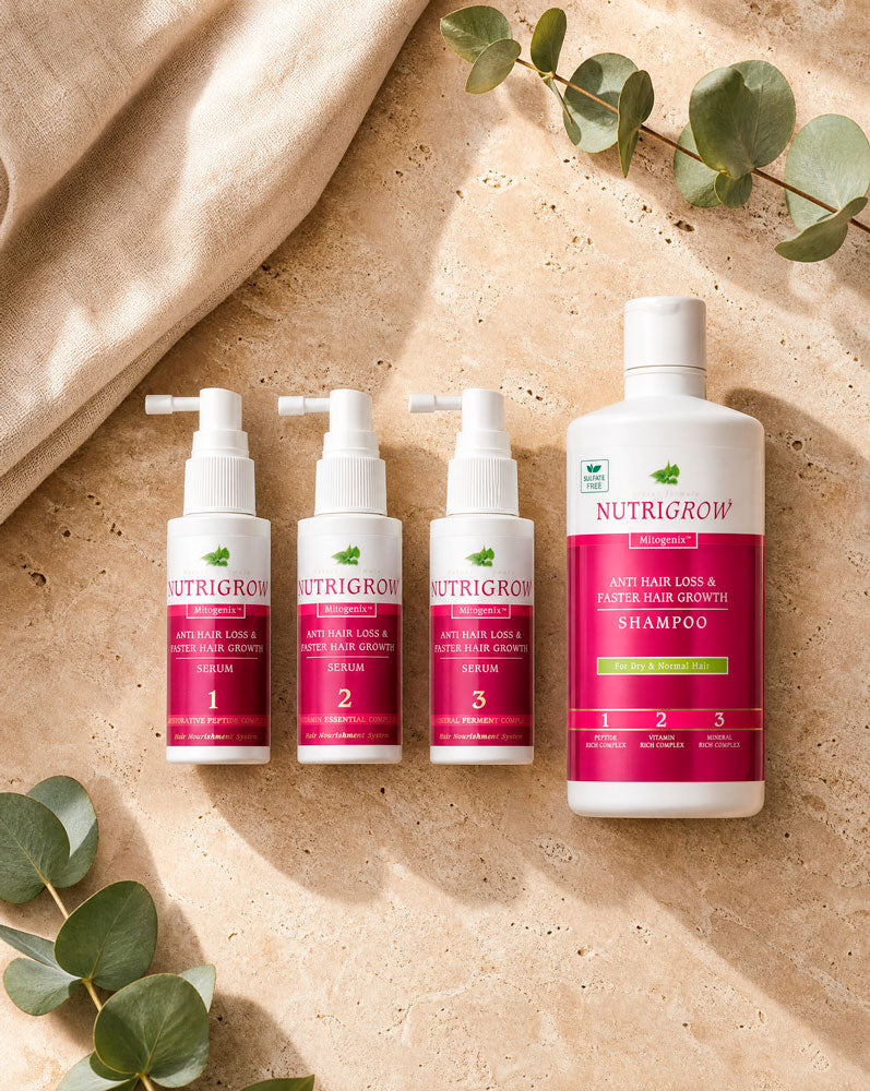 Contenido completo del set Nutrigrow: 3 sérums de 60 ml y shampoo de 300 ml de regalo