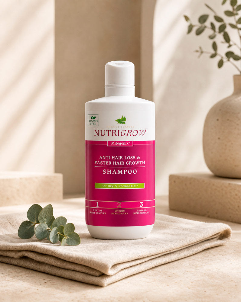 Nutrigrow Shampoo Anticaída sobre lino con eucalipto, vista tres cuartos