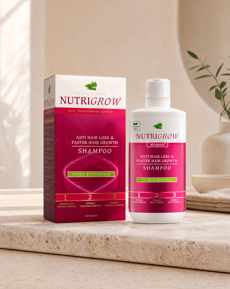Nutrigrow Shampoo Anticaída junto a su estuche, contenido del producto
