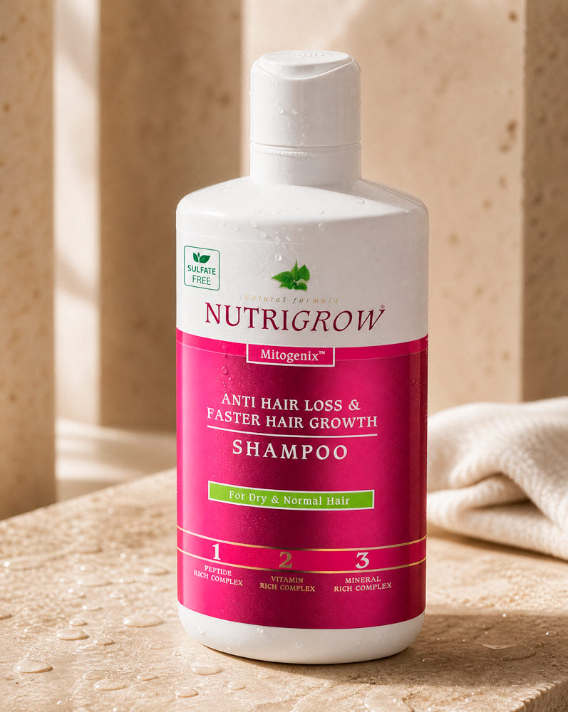 Detalle de la etiqueta del Nutrigrow Shampoo Anticaída con gotas de agua