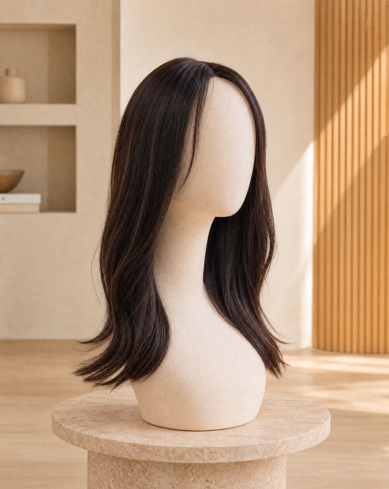 MUSE, peluca de cabello natural negro, vista lateral
