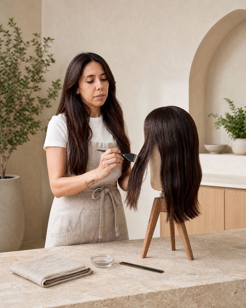 Estilista de The Hair Collective aplica sellado de keratina en una peluca de cabello largo sobre un soporte de madera